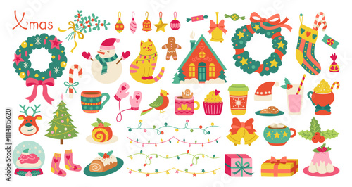 Merry Christmas and happy new year decorations element set. Xmas items cartoon illustrations drawing collection. Christmas tree, festive wreath, candy cane glove sock gift, winter holiday decor vector