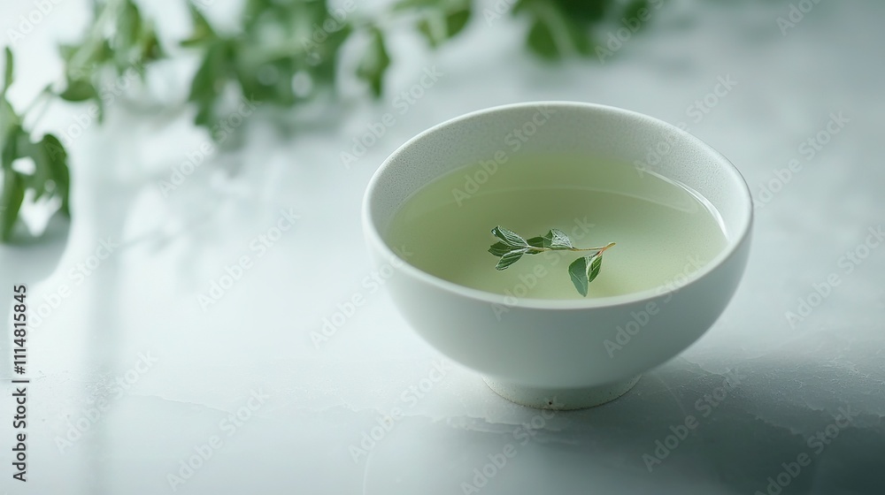 A bowl brimming with liquid water, featuring a lone green leaf sprout A bowl brimming with liquid water, featuring a lone green leaf sprout