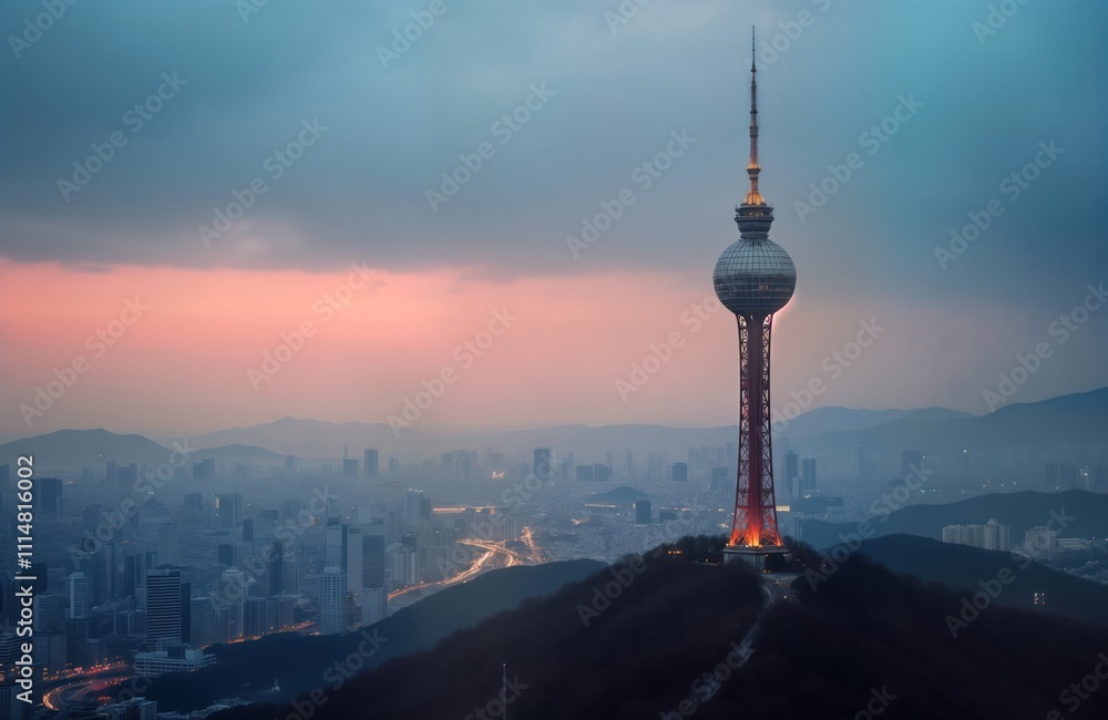 Obraz premium Iconic Namsan Tower at dawn in Seoul. Spring morning. Overcast sky. Modern city landscape. Shallow depth of field highlights tower. Soft lighting. Natural light. Architectural landmark. Stunning