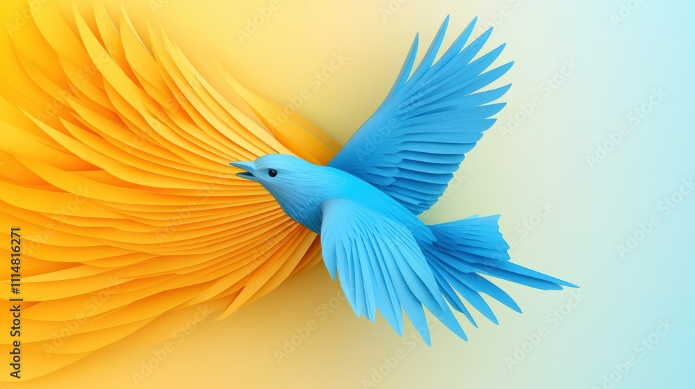 Obraz premium A vibrant blue bird soars against a backdrop of swirling yellow feathers, AI