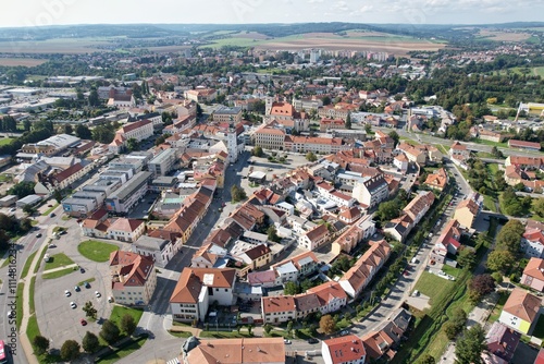 Vyskov is a town in the South Moravian Region of the Czech Republic,Europe,historic town centre is well preserved and is protected as urban monument zone,aerial panorama cityscape view	
 photo