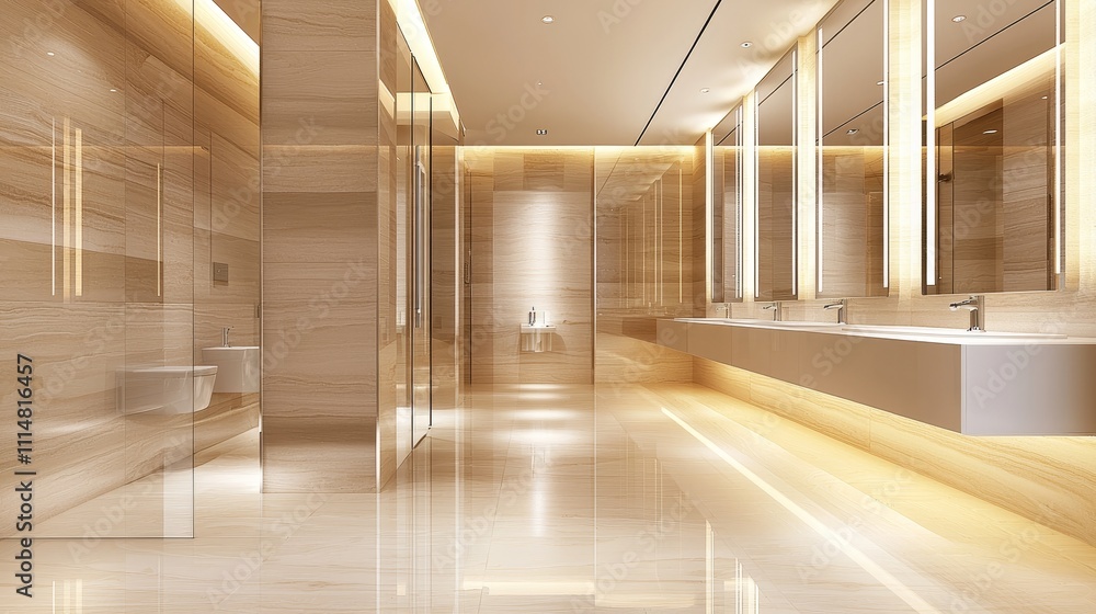 Obraz premium Modern washroom interior, long sink counter with elegant mirrors, soft LED lighting, individual cubicles for toilet and shower, stainless accents