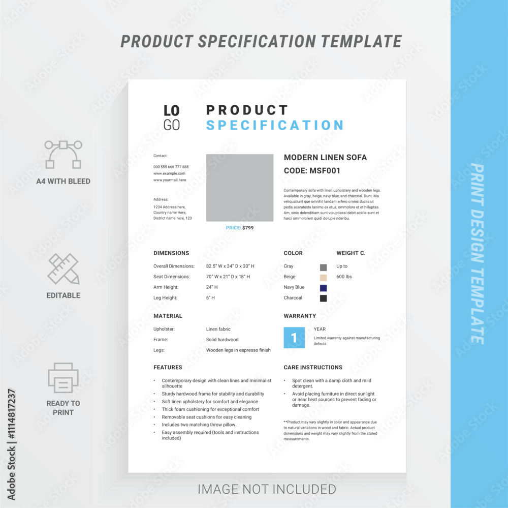 Fototapeta premium Product Specification Sheet Template