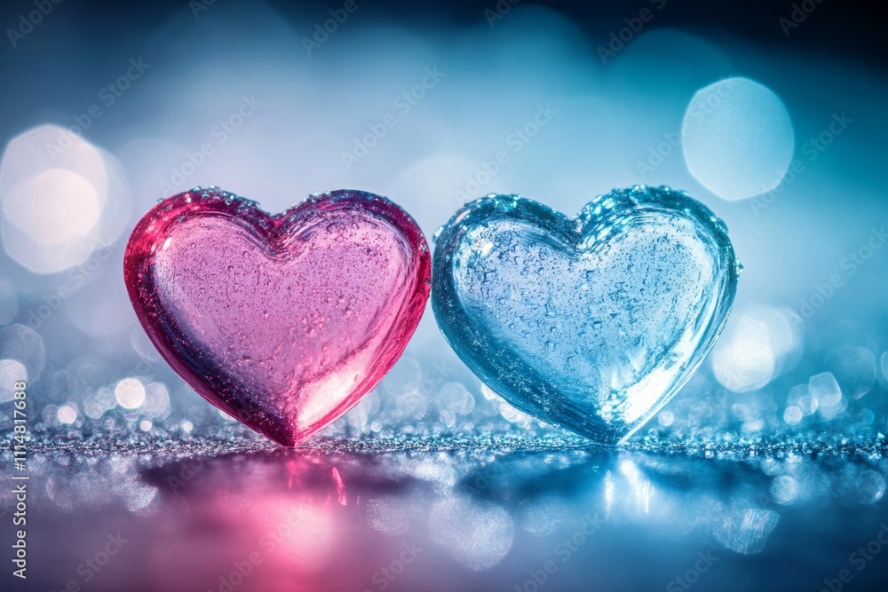 Obraz premium Two delicate hearts rest on a table, adorned with shimmering water droplets, symbolizing love and affection on Valentine's Day.