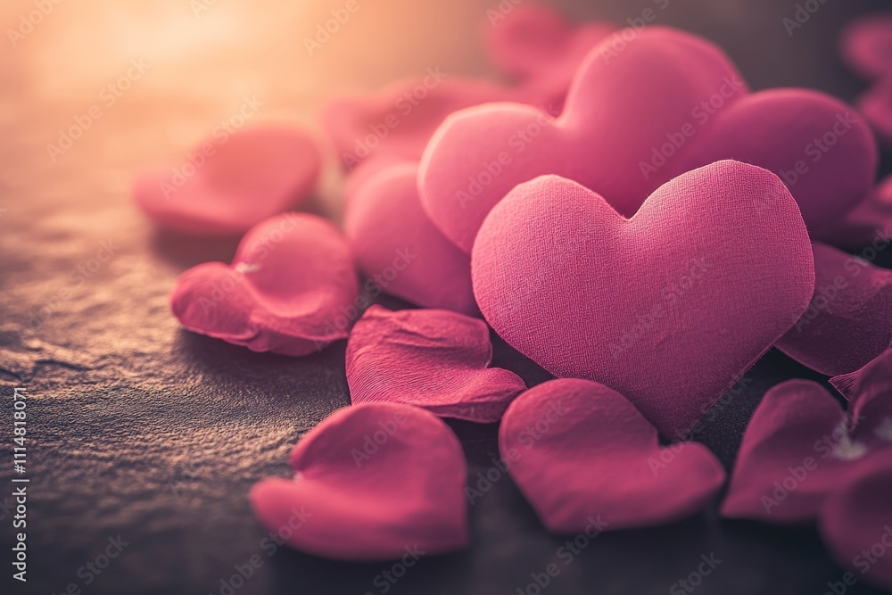 Obraz premium A vibrant scene featuring numerous pink hearts on the ground, interspersed with delicate petals, creating a romantic ambiance for Valentine's Day.