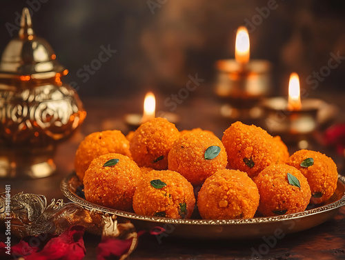 Indian sweet motichoor laddoo is also known as bundi laddu or motichur laddoo which originated from very small gram flour balls or boondis which are deep fried photo