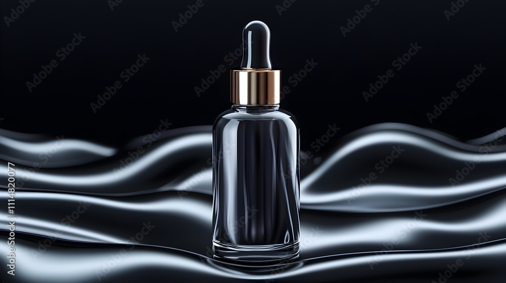 Naklejka premium Anti-aging serum oil in glass bottle, elegant label, monochrome tones