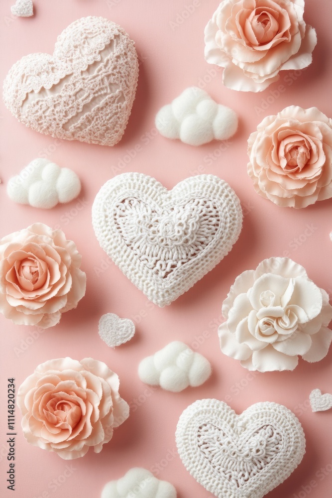 Fototapeta premium A vibrant display of various flowers and hearts set against a soft pink background, capturing the essence of love and romance for Valentine's Day.