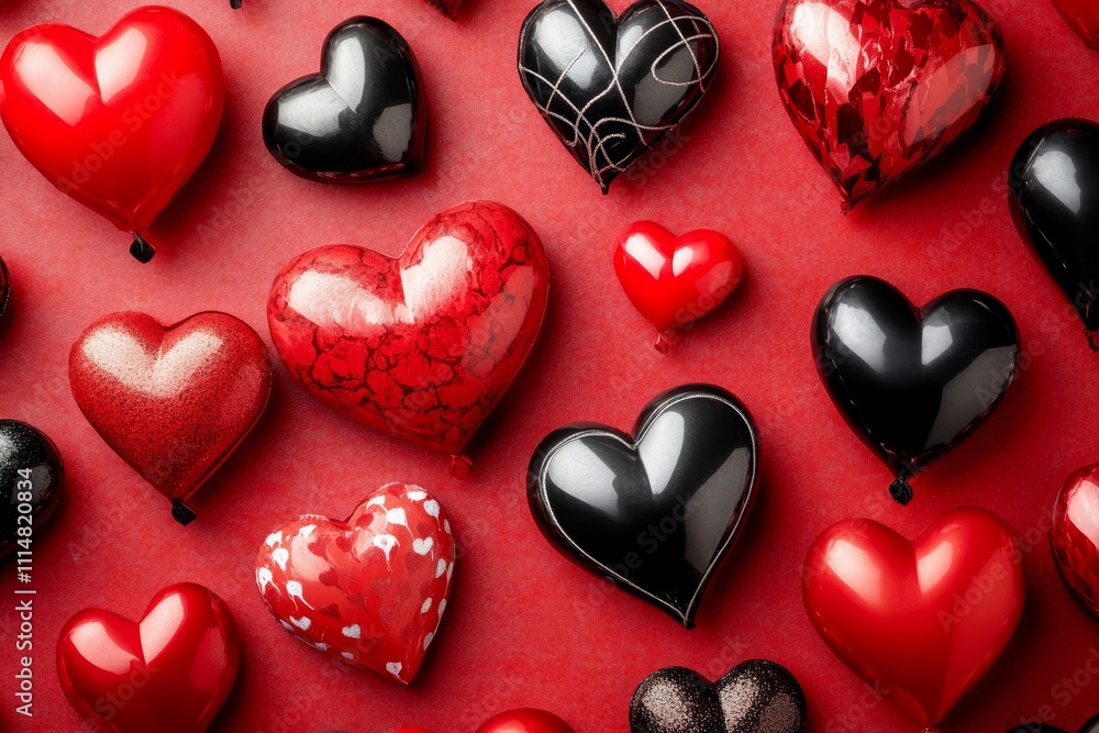 Fototapeta premium A detailed close-up of vibrant red and black hearts, symbolizing love and romance, ideal for Valentine's Day celebrations and decorations.