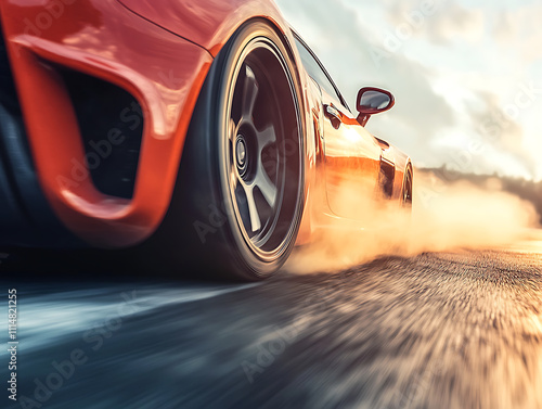 Drifting car wheels close-up, sports car racing on the race track