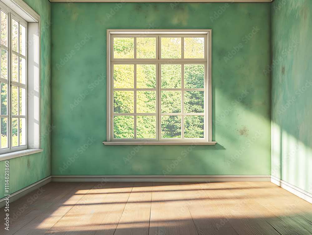 Empty room with green wall and window Empty room with green wall and window