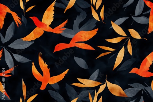 Seamless Pattern with Orange Birds and Leaves on a Dark Background