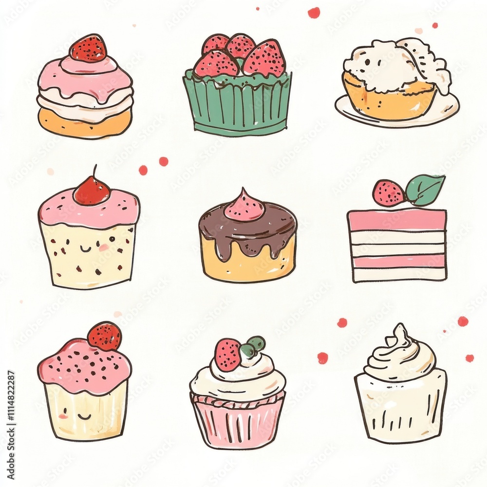Delicate and Colorful Desserts Featuring Cupcakes, Muffins, and Cakes with Strawberries and Cream Elements Delicate and Colorful Desserts Featuring Cupcakes, Muffins, and Cakes with Strawberries and Cream Elements