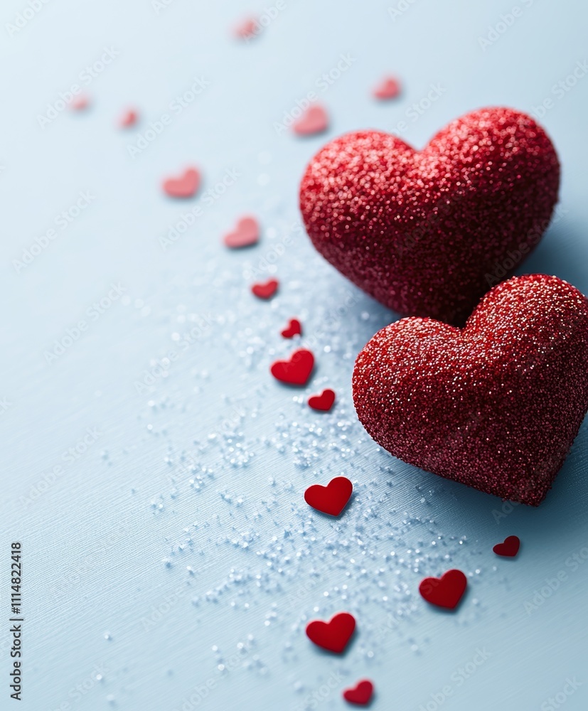 Obraz premium Two red hearts sit prominently on a blue surface, surrounded by a scattering of smaller red hearts, evoking a romantic Valentine's Day ambiance.