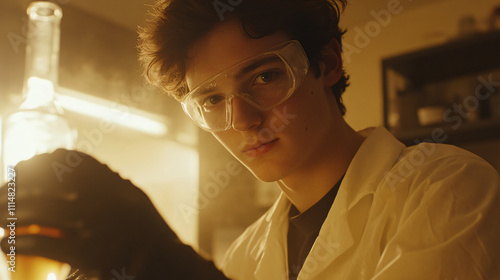 A cinematic shot of a researcher preparing for an experiment, wearing high-quality gloves and goggles, in a well-lit lab.