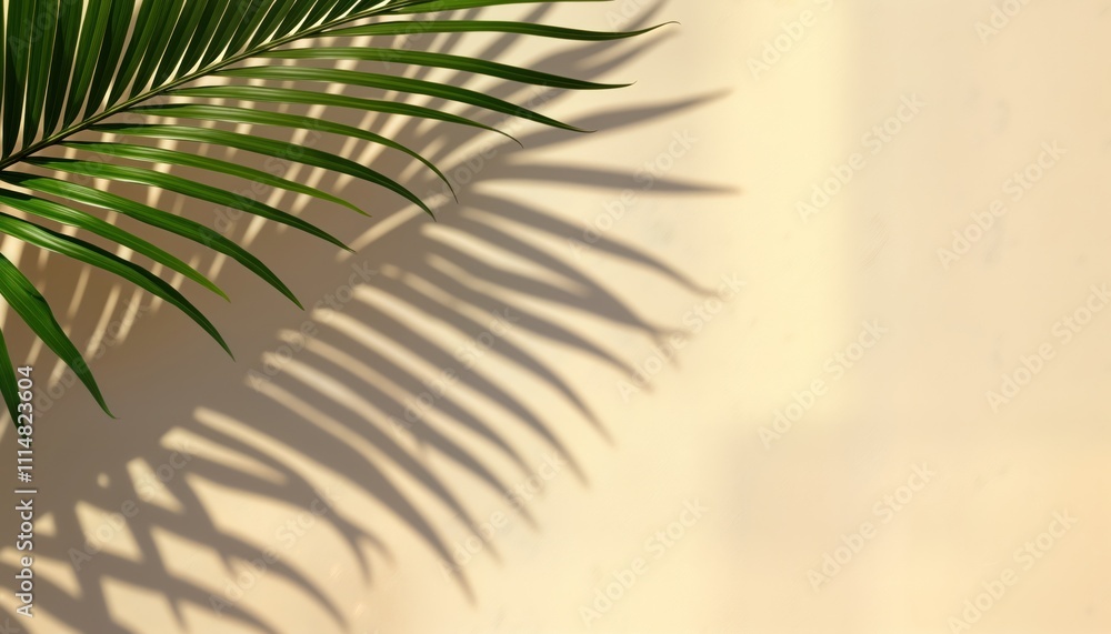 Obraz premium Tropical palm leaf casts shadow on light beige background. Light, shadow create beautiful pattern. Nature aesthetic suitable for various media. Versatile design for social media digital platforms.
