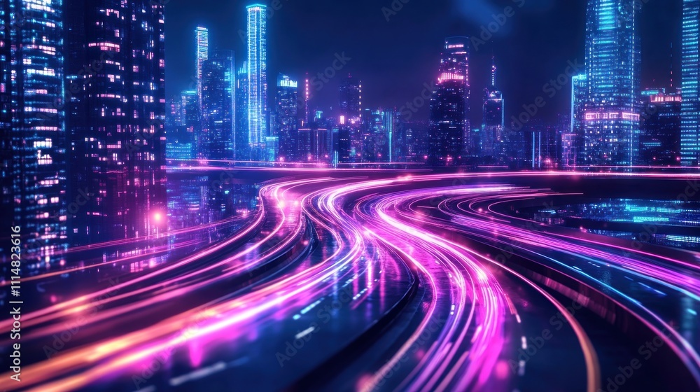 Fototapeta premium Night Cityscape With Neon Lights