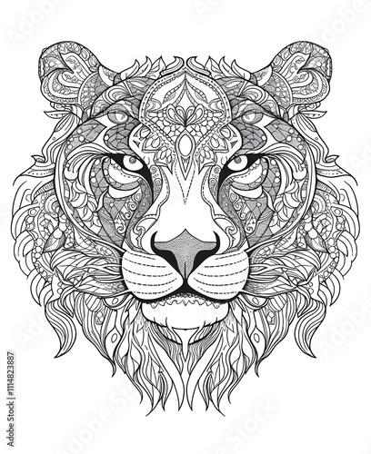 Intricate Mandala Tiger Line Art Illustration Without Background photo