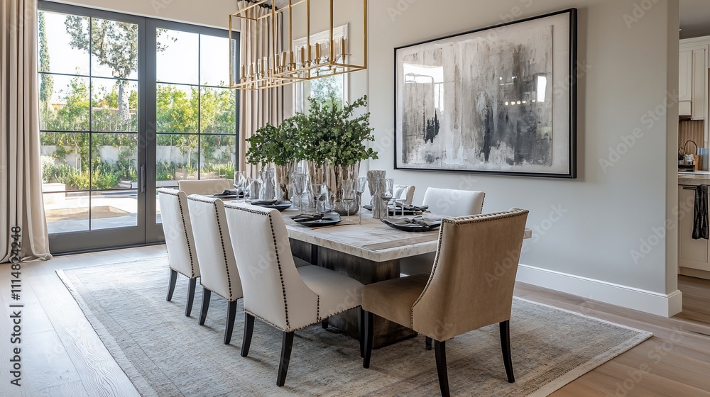 Obraz premium Modern farmhouse dining room with large windows, chandelier, and abstract art.
