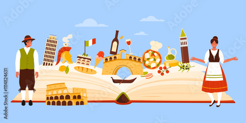 Travel to Italy, set of culture elements, food and famous places study in infographic collage with open paper book and Italian people, architecture of Venice, Pisa and Rome cartoon vector illustration