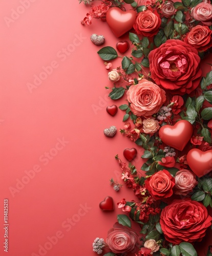 Vibrant red background adorned with flowers and hearts, perfect for conveying love and affection, with space available for personalized text.