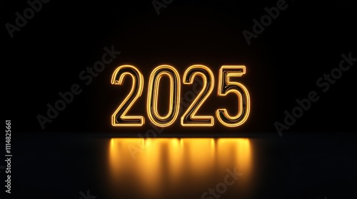 neon glowing 2025 sign for new year celebration on a dark reflective surface