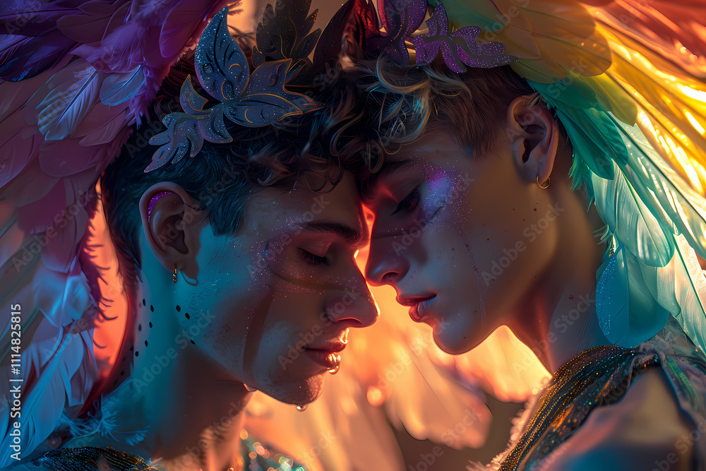 Fototapeta premium Two young men of Caucasian descent, adorned with vibrant feathered costumes, share an intimate moment, surrounded by colorful lighting.