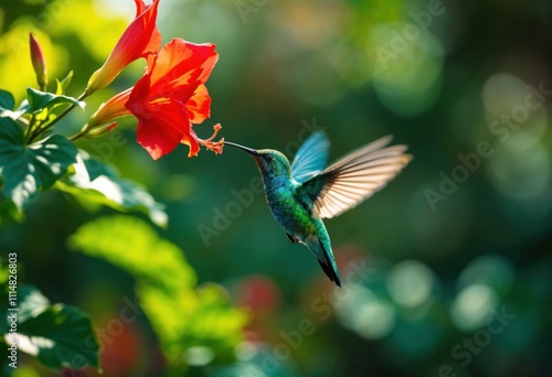 Hummingbird feeding on a vibrant red hibiscus flower in a lush tropical garden, showcasing its iridescent green feathers and delicate wings in a tranquil nature setting
