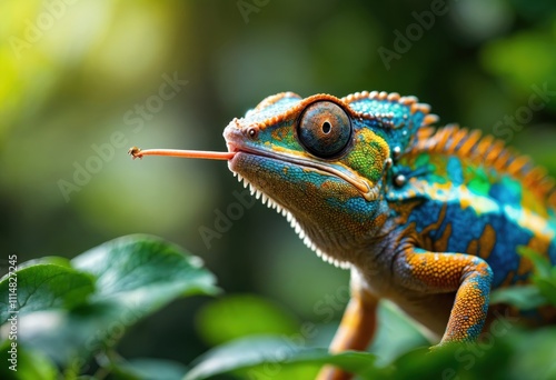 Colorful chameleon catching an insect with its extended tongue in a lush green environment, showcasing intricate patterns and vivid colors in a tropical wildlife habitat
 photo