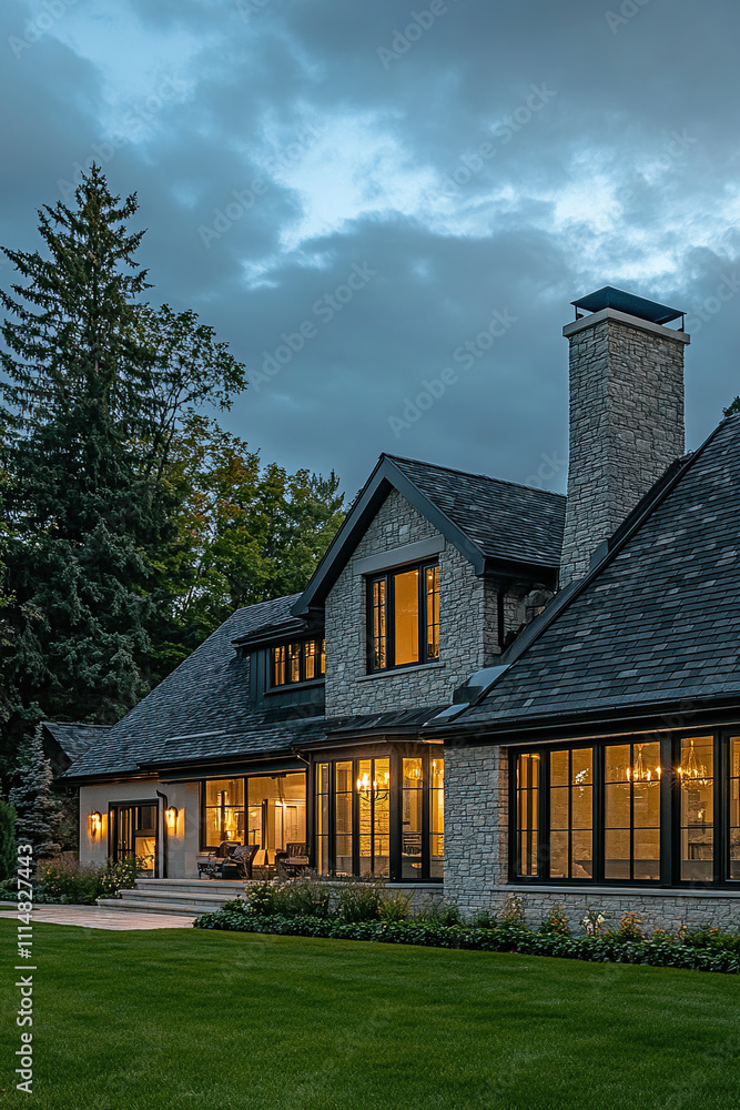 Obraz premium A large, modern home with a stone exterior and shingle roof in the Midwestern style. The house has multiple glass windows that glow from within as dusk falls over the green grass lawn.