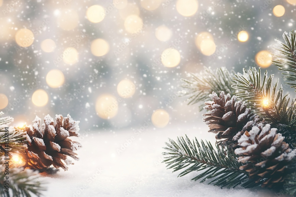 Snowy pine cones with twinkling lights, festive mood Snowy pine cones with twinkling lights, festive mood