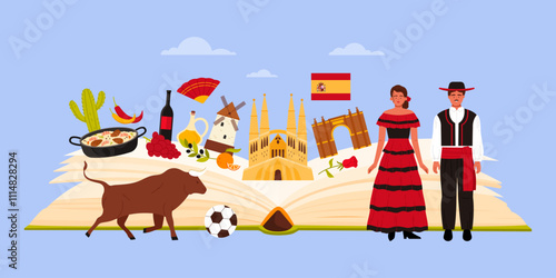 Travel to Spain, culture elements, food and landmarks of country study in infographic collage banner with big open guide book, Spanish people and flag, Sagrada Familia cartoon vector illustration
