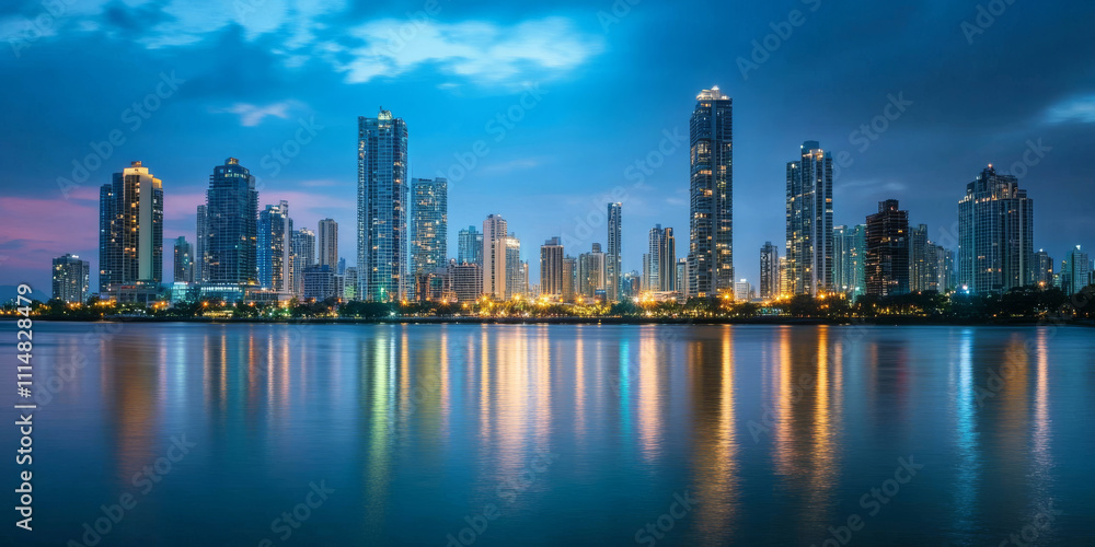 Fototapeta premium A vibrant city skyline at dusk, with skyscrapers lighting up, reflections shimmering in a calm river, and the bustle of city life transitioning to evening. The dynamic and urban atmosphere feels
