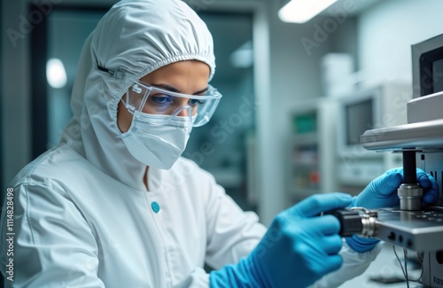 Female scientist in protective gear works in bio medical lab. Focuses on lab equipment. Modern lab setting. Wears protective clothing, safety glasses. Scientific research. Potential vaccine