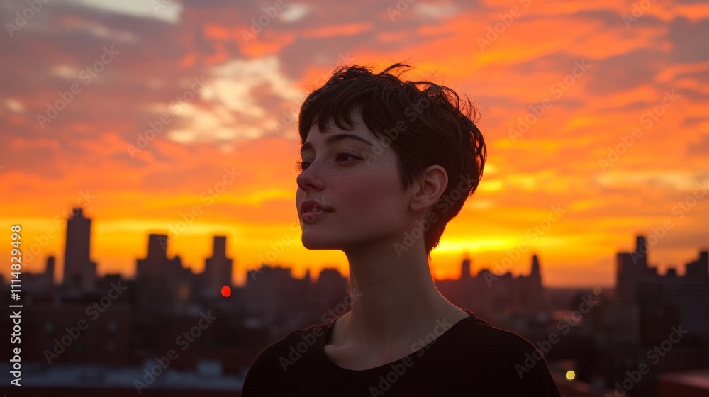 Fototapeta premium beautiful woman with short hair on a sunset with a view of the city