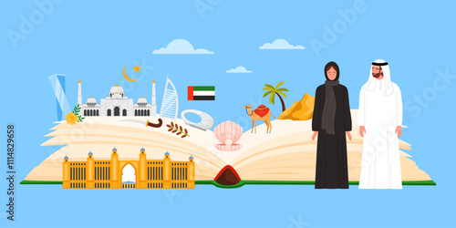 Culture elements and famous places of UAE study in infographic collage banner with big open guide book, landmarks of Dubai and Muslim people, Museum of Future, sail hotel cartoon vector illustration