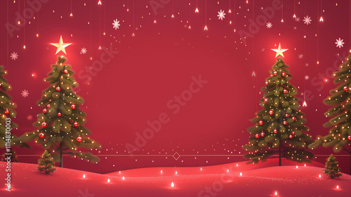 Red Christmas background with Christmas tree, stars and snowflakes on the border, red gradient background with golden pine branches, lights, and bokeh effects. Vector illustration for web banner