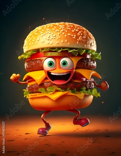 Juicy hamburger dancing  on black background