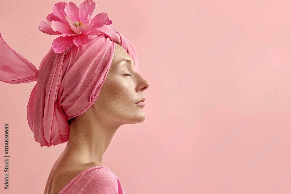 Beautiful young woman with a pink flower in her hair on a pink background, Ai Generated Beautiful young woman with a pink flower in her hair on a pink background, Ai Generated