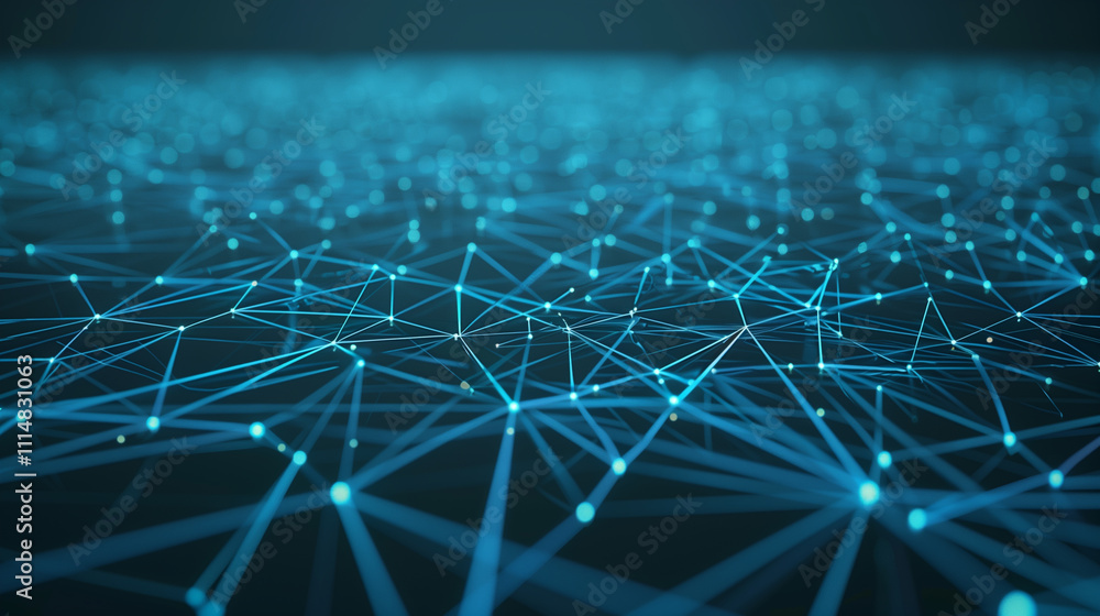 Obraz premium A glowing web of nodes and connections forms a digital network, symbolizing smart connectivity, 5G communication, IoT, and the intelligent interconnection of everything.