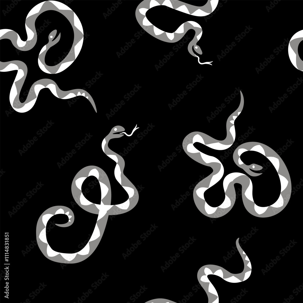 Obraz premium Magic snake in cartoon naive style on seamless on black background. Vector animal design element for children baby room decor, textiles print, fabric, sticker, clip art