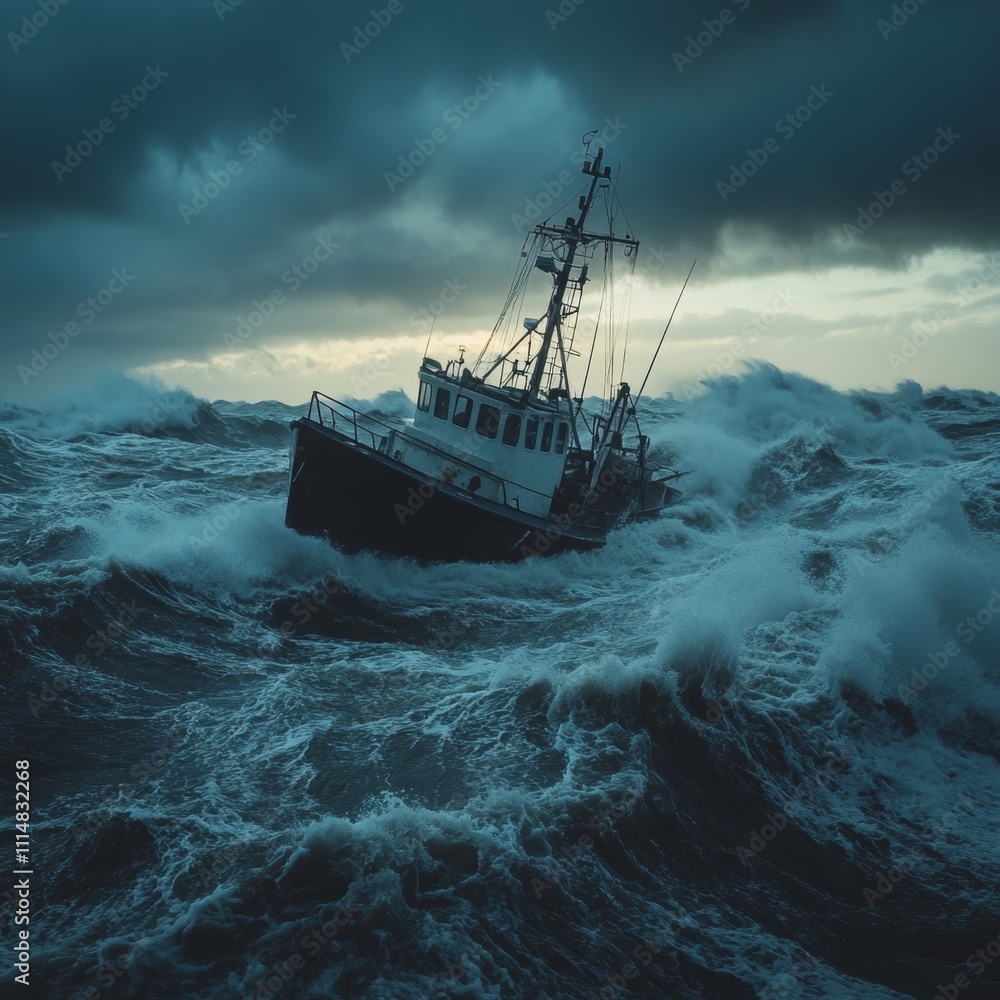 Obraz premium Gloomy Sky Over Surging Waves and Boat in Stormy Sea Conditions