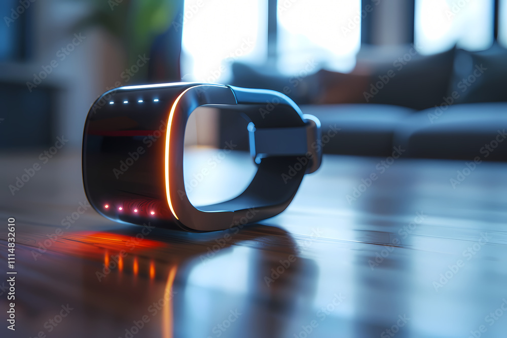 A sleek, modern virtual reality headset resting on a wooden floor, illuminated with soft LED lights, showcasing advanced technology in a cozy, contemporary living space. A sleek, modern virtual reality headset resting on a wooden floor, illuminated with soft LED lights, showcasing advanced technology in a cozy, contemporary living space.