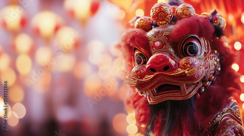 Traditional Chinese lion figurine adorned with vibrant colors and intricate details at a festive celebration site photo