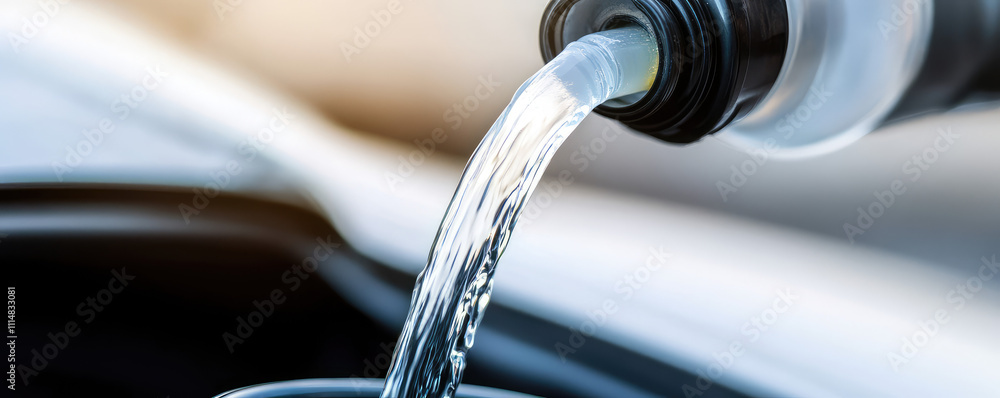 Obraz premium Pouring antifreeze closeup. Filling a car windshield washer tank with an antifreeze. Protecting the windshield from frost and ice in winter