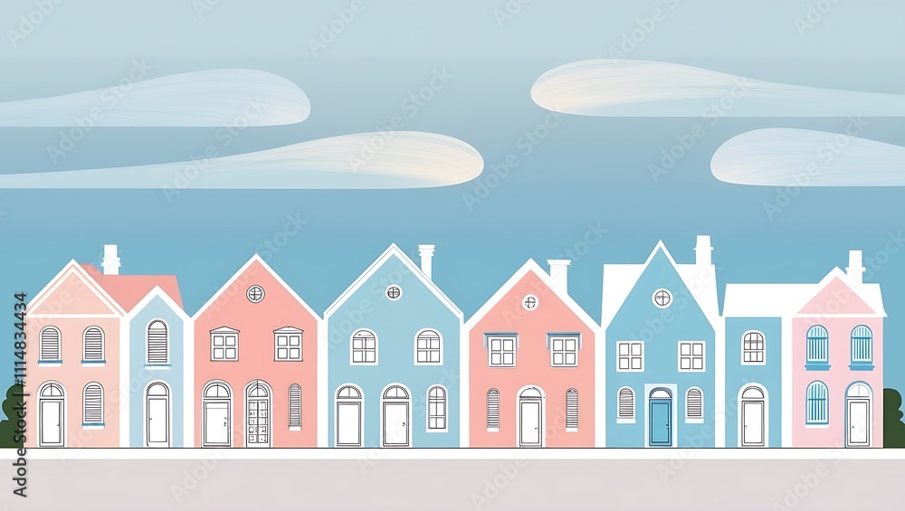 Fototapeta premium Pastel Colored Houses Line a Quiet Street Under a Blue Sky