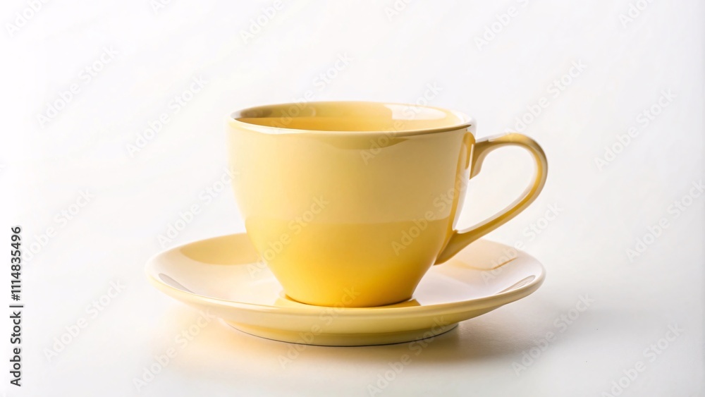 Obraz premium A pastel yellow cup for warm drinks and a good mood. Cup on a white background.
