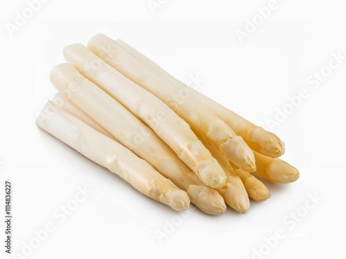 bundle of white Asparagus - Asparagus officinalis - ready to be cut, cooked and eaten or used as an ingredient in cooking. isolated on white background