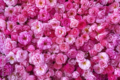 Floral background made of fresh pink damask roses. A large pile of pink damask roses in full bloom. Flat lay, top view.
