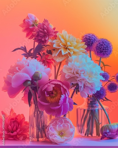 Delicate autumn flowers in vases on a orange and pink gradient background. romantic, vintage minimal concept.

